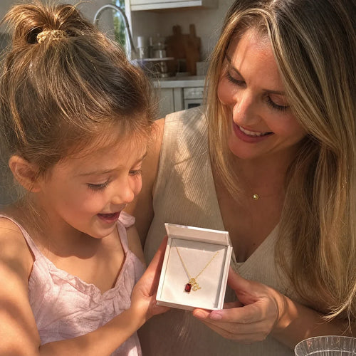 Initial & Birthstone Necklace being given as a gift, photographed by a customer