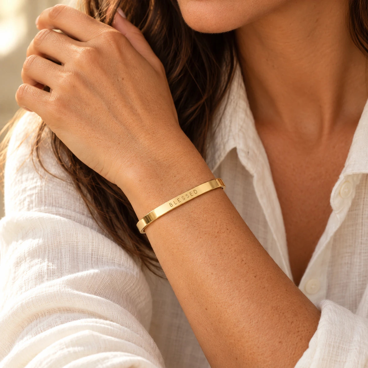 Blessed Word Bracelet worn, gold-plated stainless steel