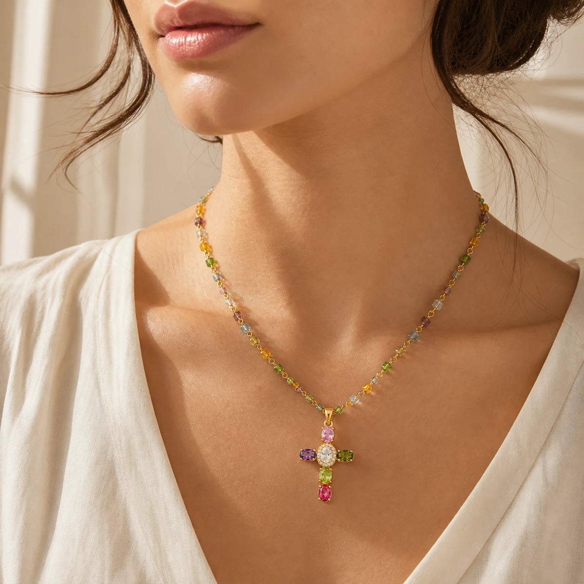 Amada | Colorful Crystal Cross Necklace | high definition campaign model | cycle 17 quality