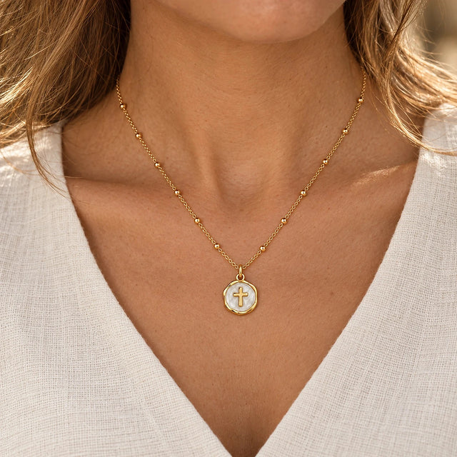 Enamel Cross Pendant worn