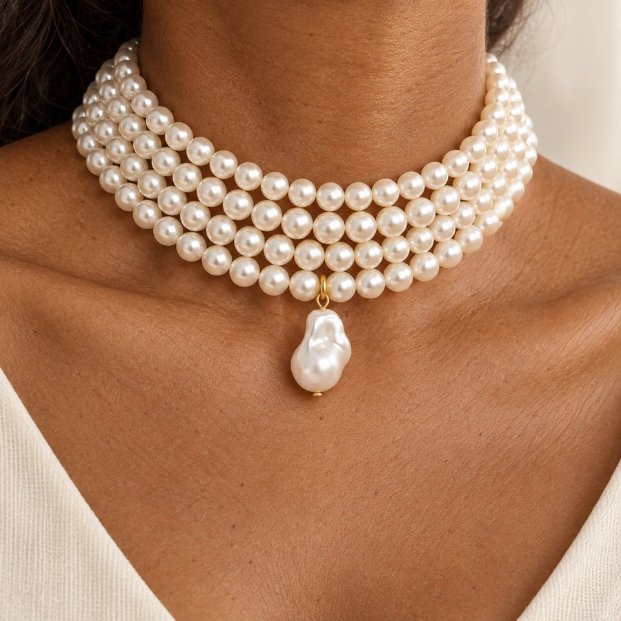 Layered Faux Pearl Choker styled with other pieces