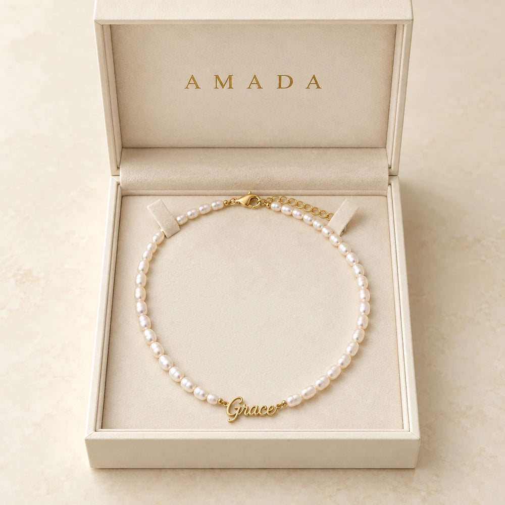 Faux Pearl Name Necklace, worn and styled