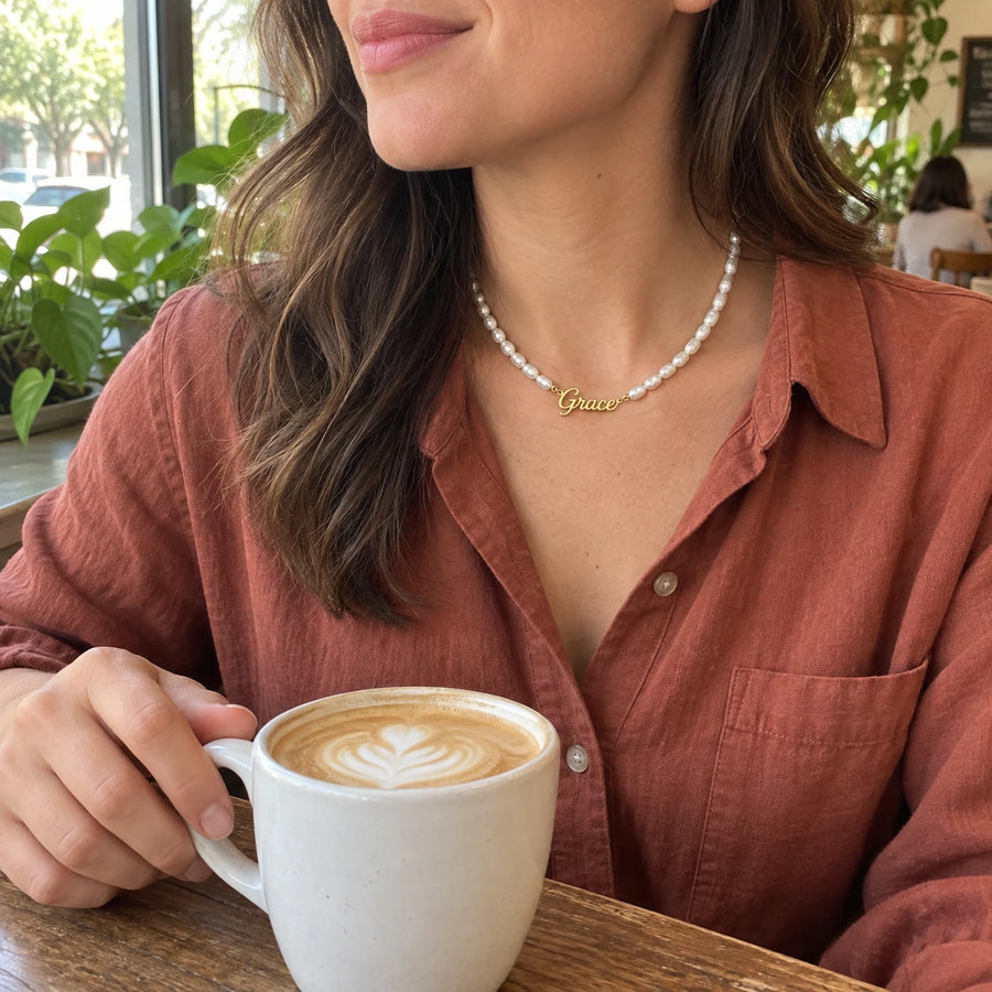 Faux Pearl Name Necklace styled with other pieces