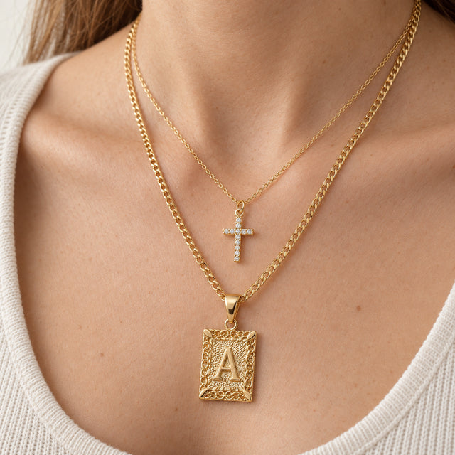 Initial & Cross Necklace Set worn