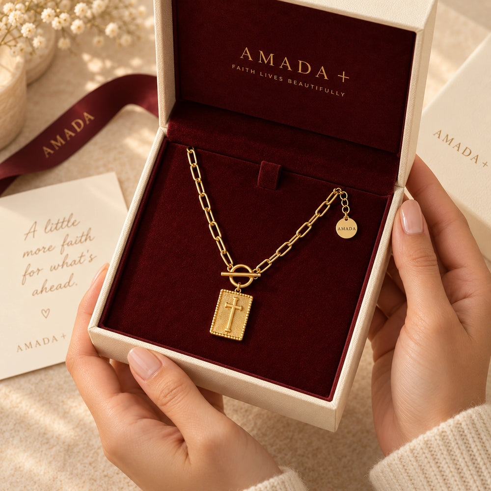 The Nail Cross Necklace in the optional velvet gift presentation