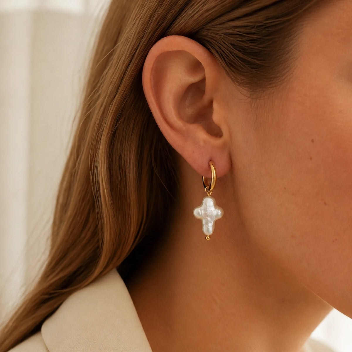 Amada | Pearl Cross Earrings | high definition campaign model | cycle 17 quality