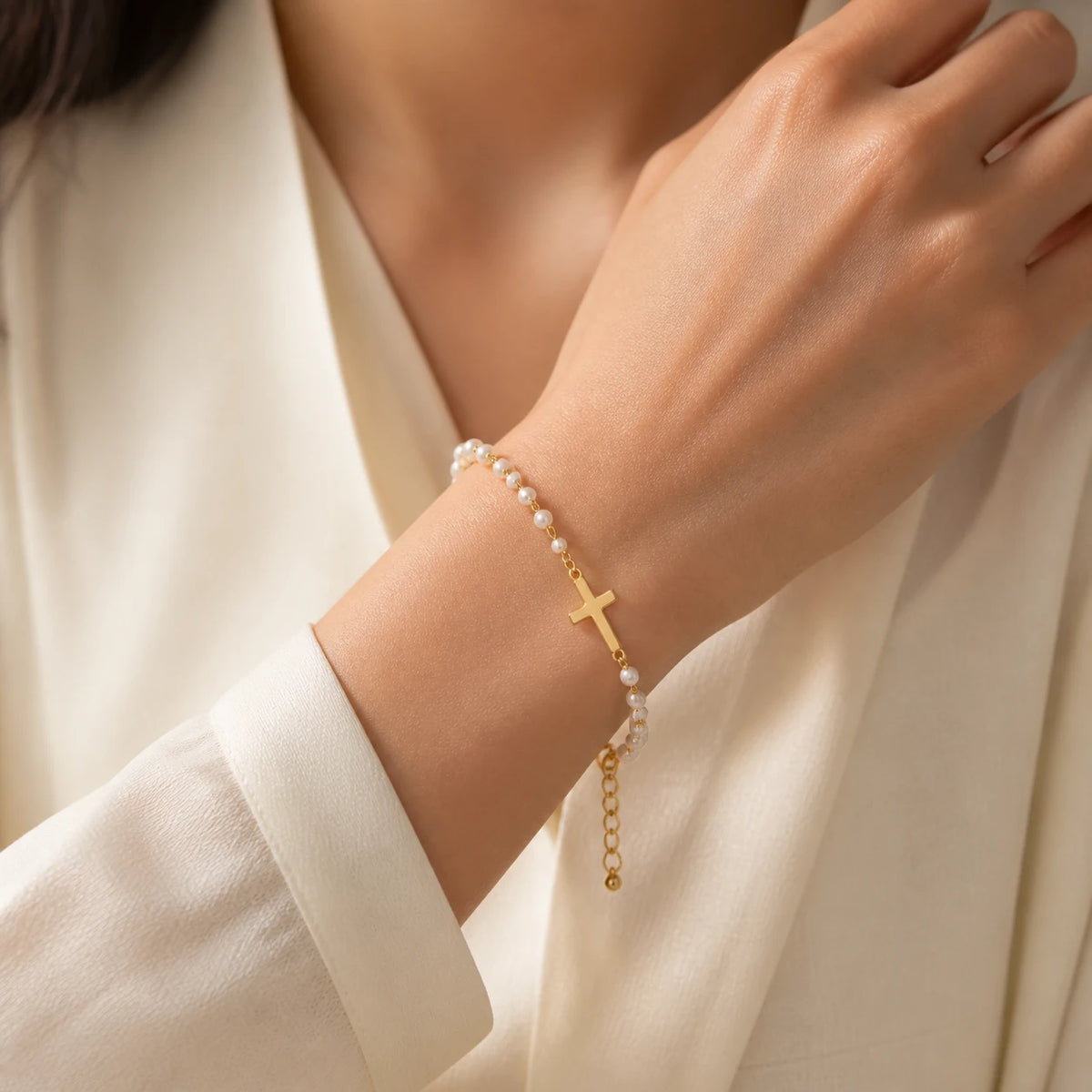 Amada | Pearl Cross of Grace Bracelet | high definition campaign model | cycle 17 quality