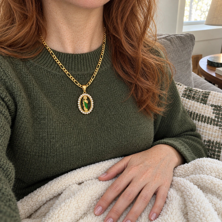 Saint Jude Medallion Necklace styled with other pieces