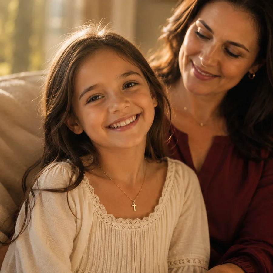 Godmother & Me, two matching sealed 18K gold cross necklaces, a keepsake gift for godmother and goddaughter