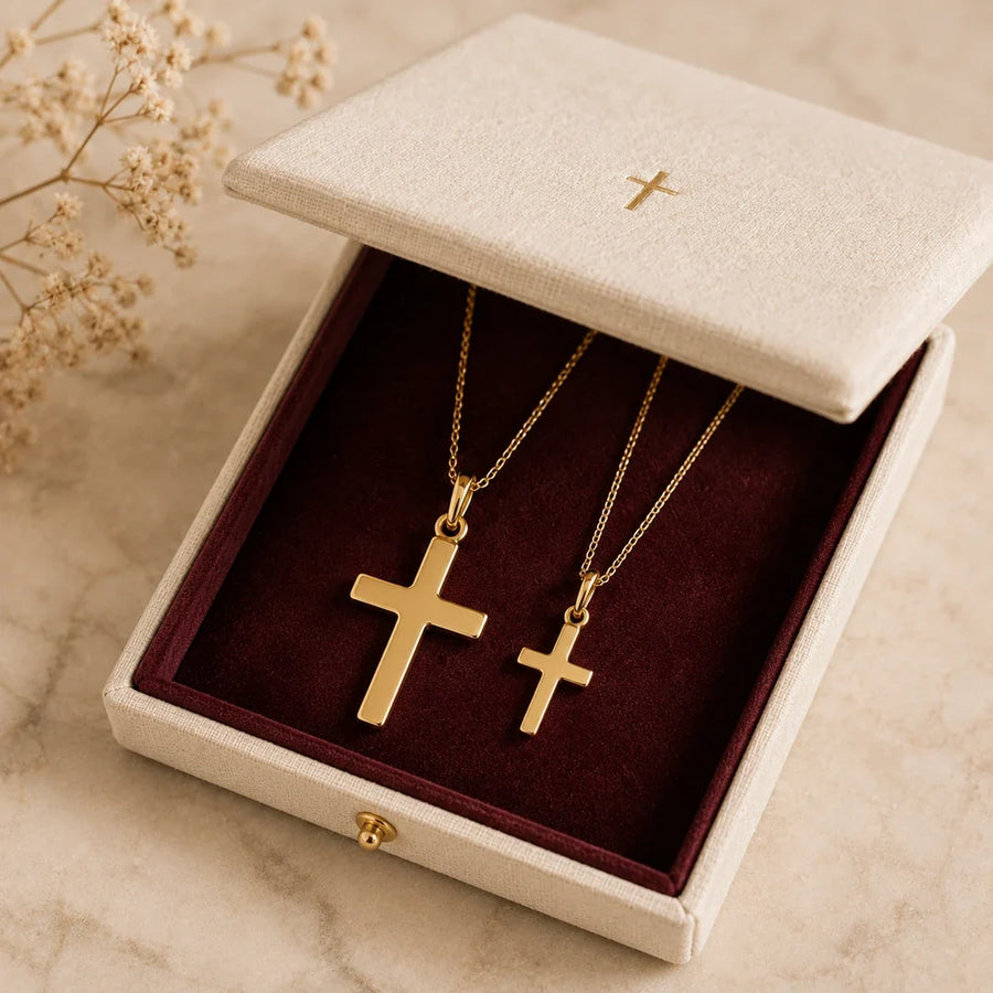 Godmother & Me, two matching sealed 18K gold cross necklaces, a keepsake gift for godmother and goddaughter