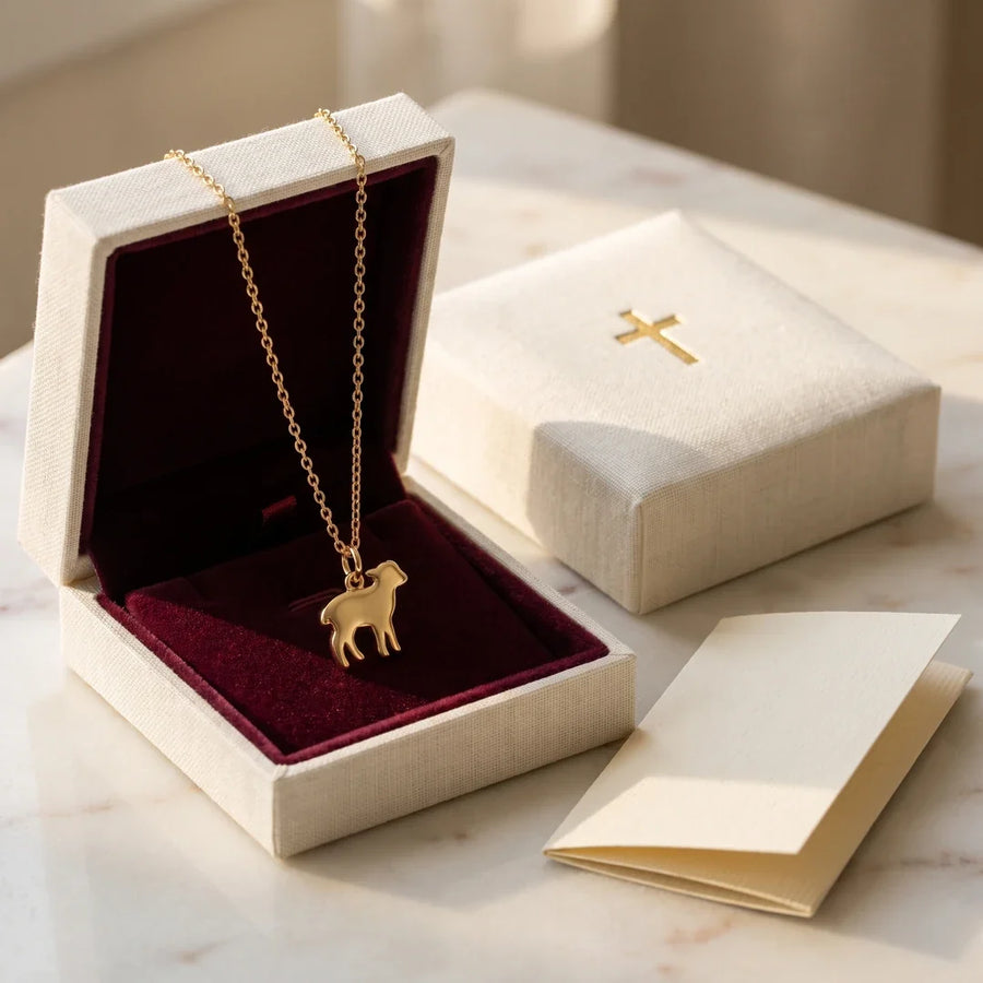 Little Lamb, a sealed 18K gold lamb pendant necklace, a keepsake gift for baptism