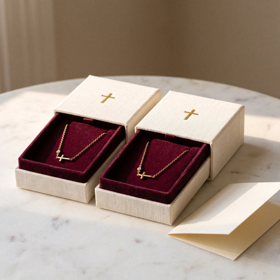 Sisters, two matching sealed 18K gold necklaces, a keepsake gift for sisters