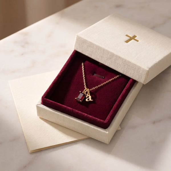 Initial & Birthstone Necklace, a sealed 18K gold personalized initial and birthstone necklace, a keepsake gift for a baptism or First Communion