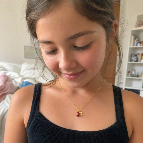 Initial & Birthstone Necklace, a sealed 18K gold personalized initial and birthstone necklace, a keepsake gift for a baptism or First Communion