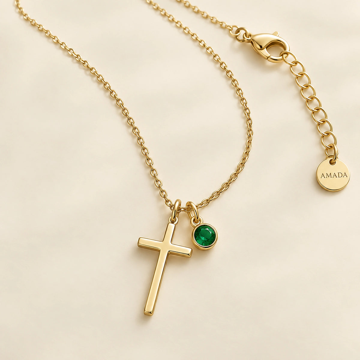 Detail of the chain, clasp and extender of the Birthstone Cross Necklace.