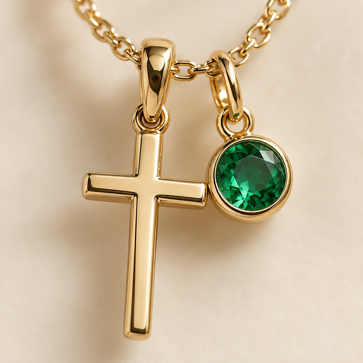 Close-up of the gold cross and green birthstone.