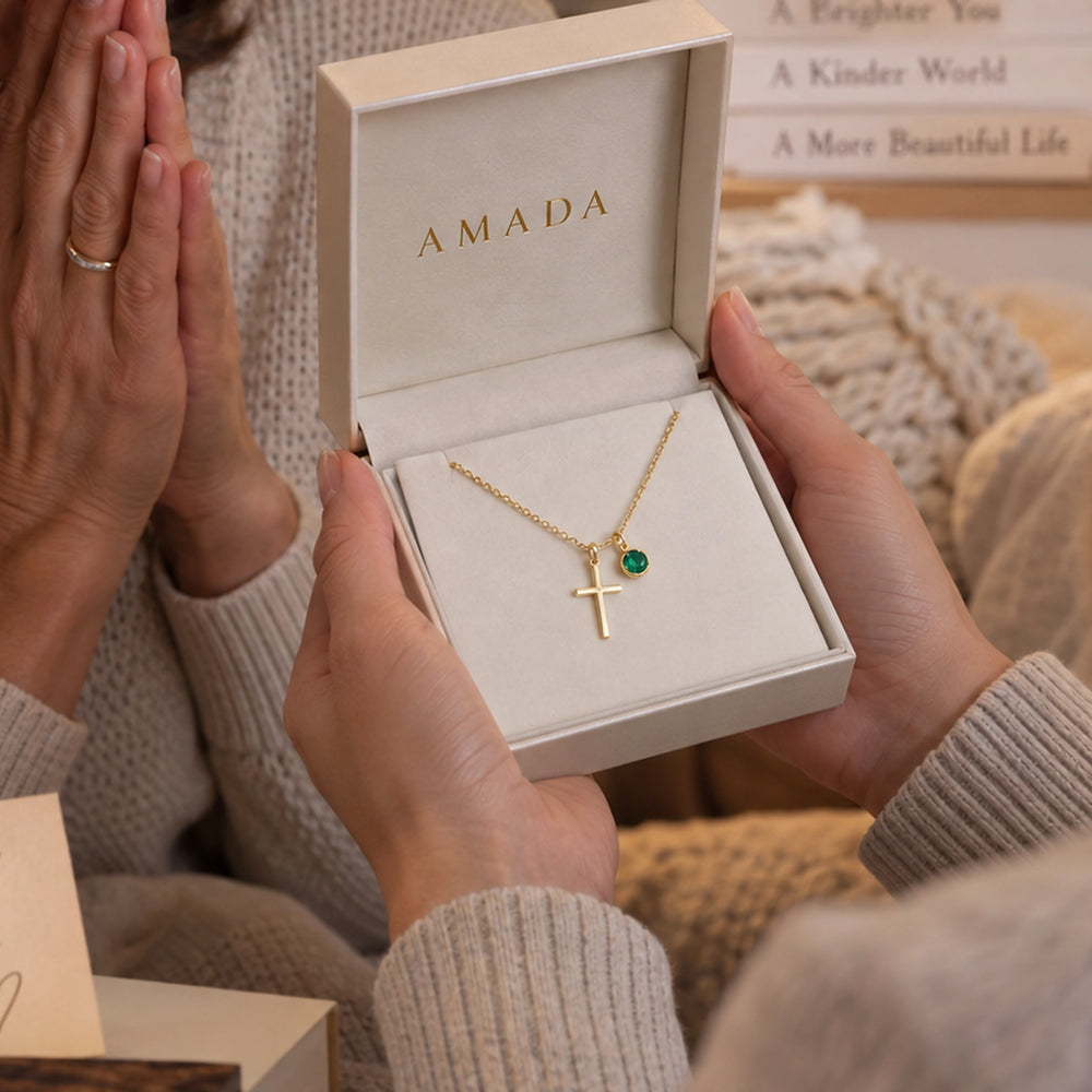 Birthstone Cross Necklace, worn and styled