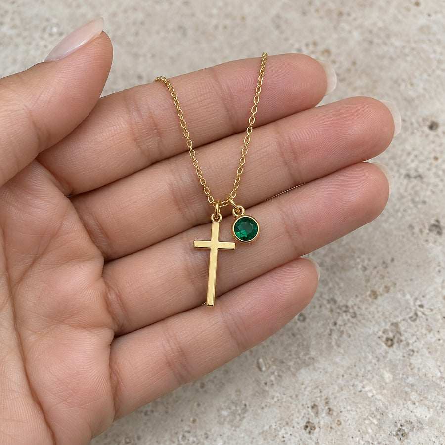 Birthstone Cross Necklace shown for scale