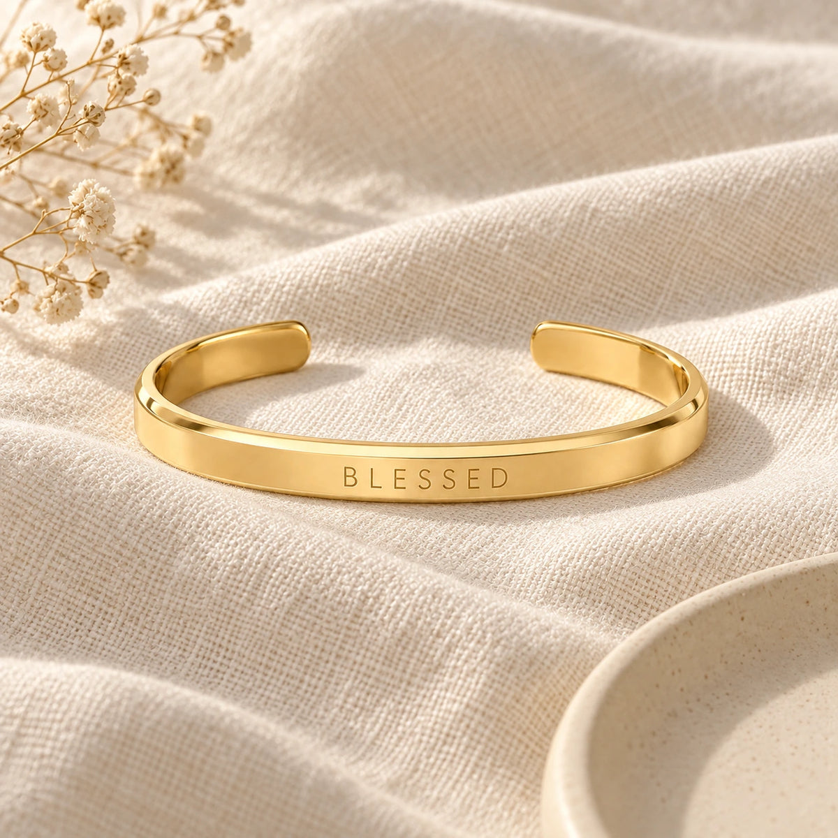 Blessed Word Bracelet laid flat on linen