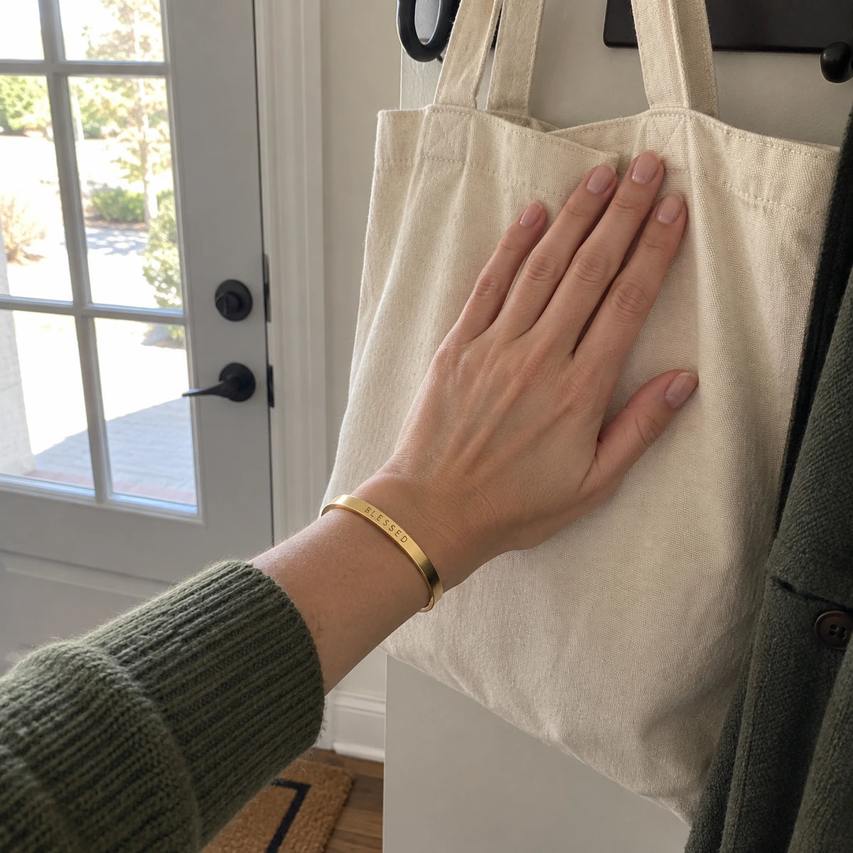 Blessed Word Bracelet worn, first-person view