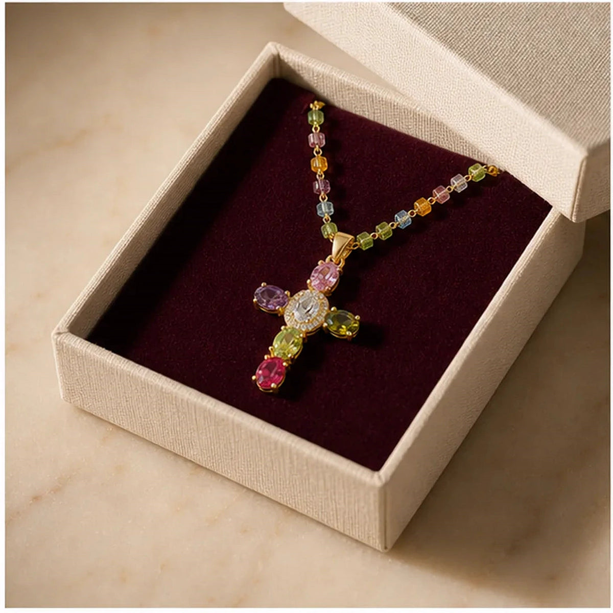 Amada | Colorful Crystal Cross Necklace | gift box presentation | cycle 3