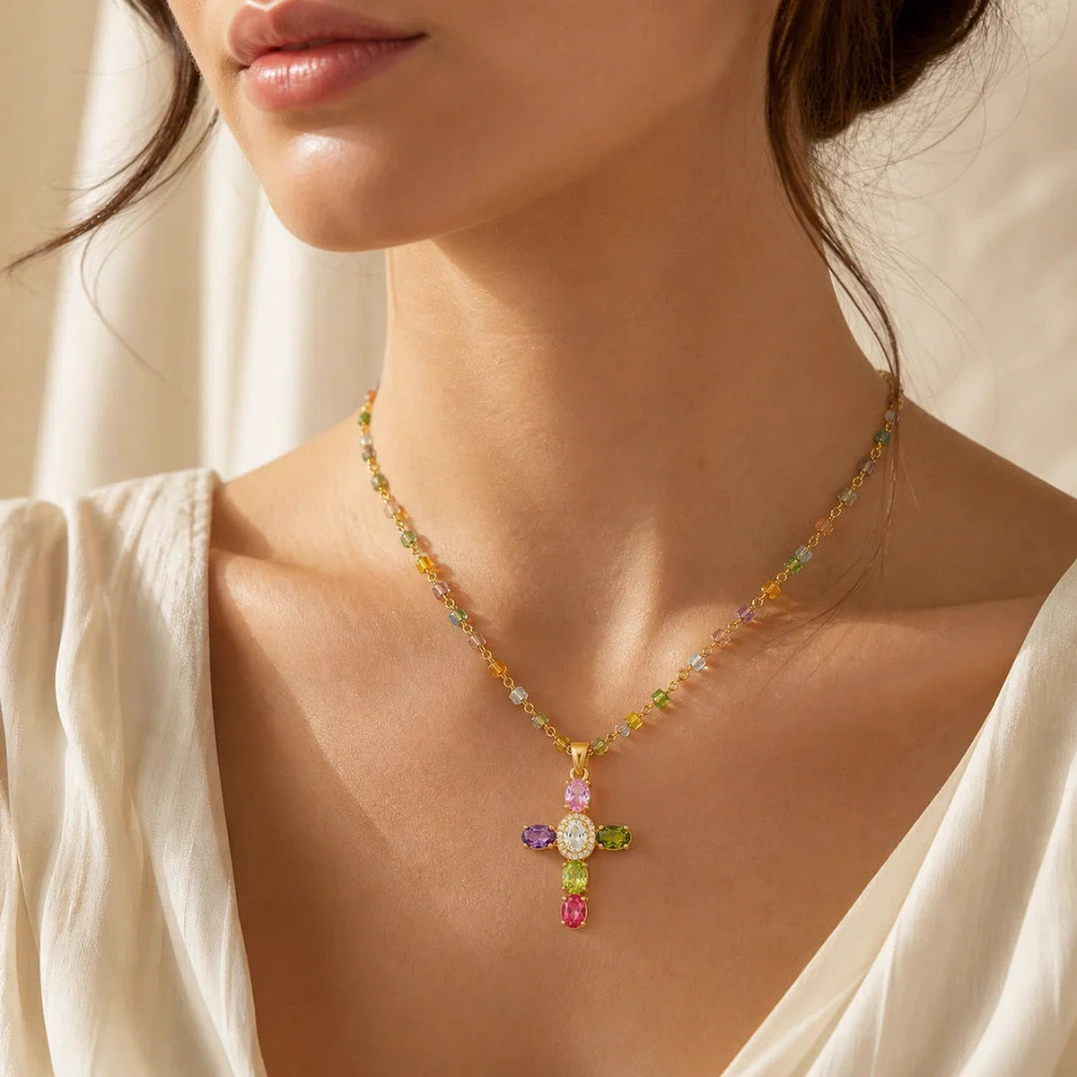 Colorful Crystal Cross Necklace worn and styled