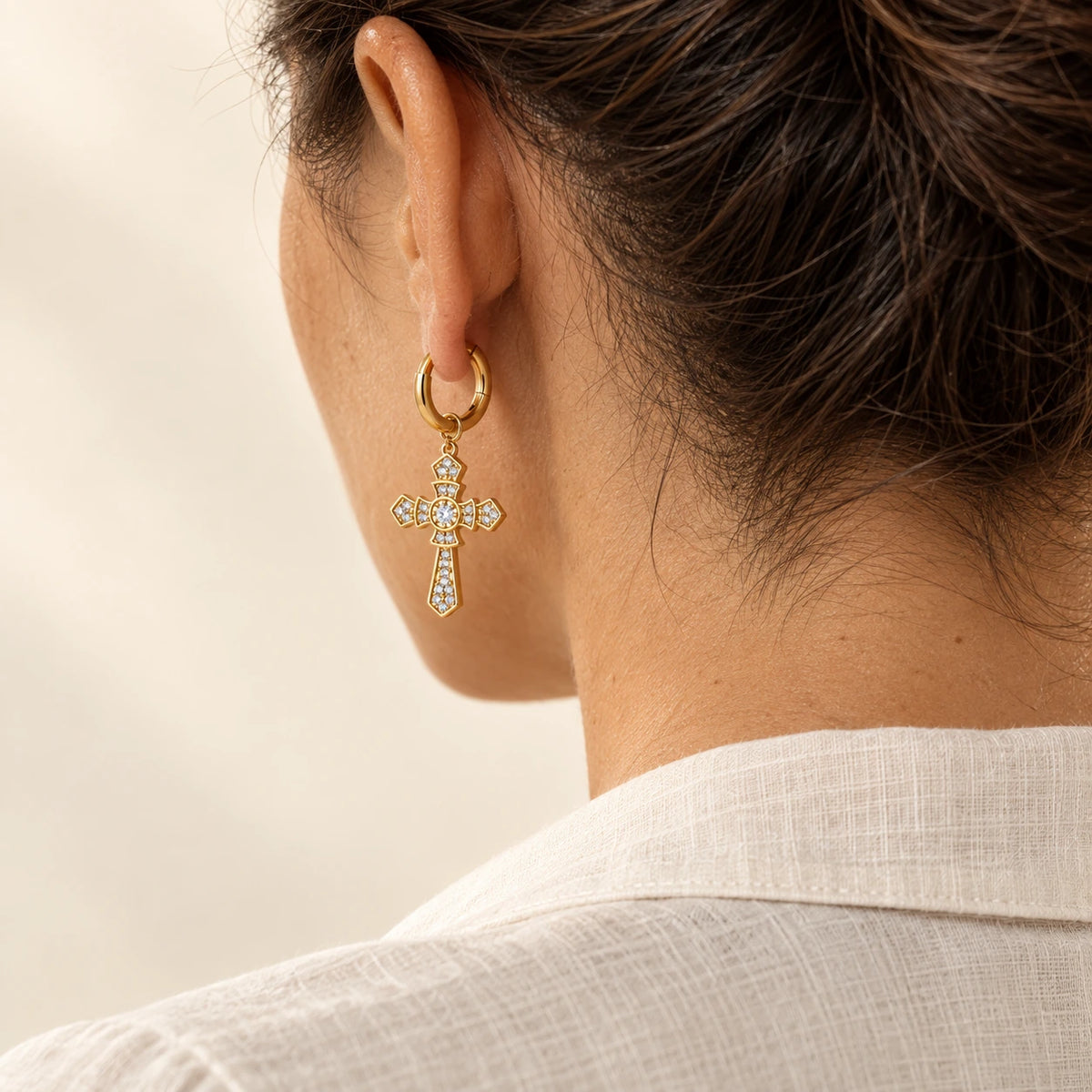 Cross Hoop Earrings worn, seen from another angle