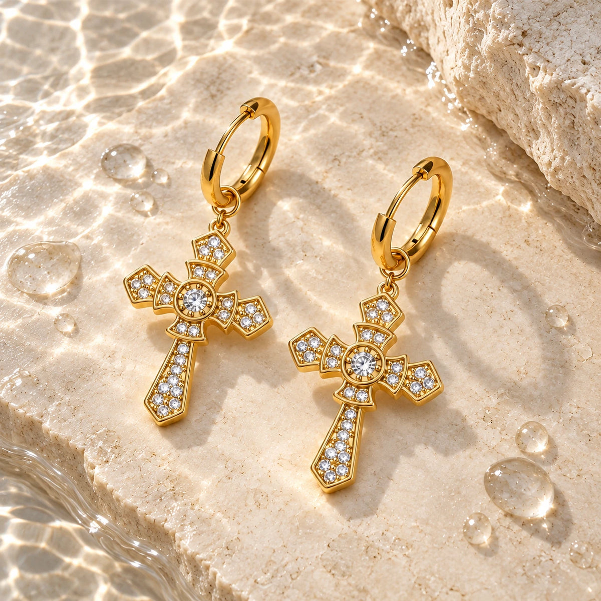 Cross Hoop Earrings with water droplets on stone