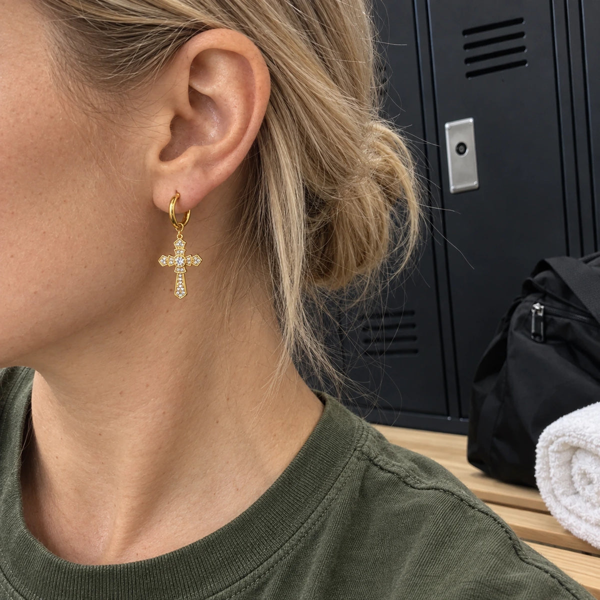 Cross Hoop Earrings worn in everyday life