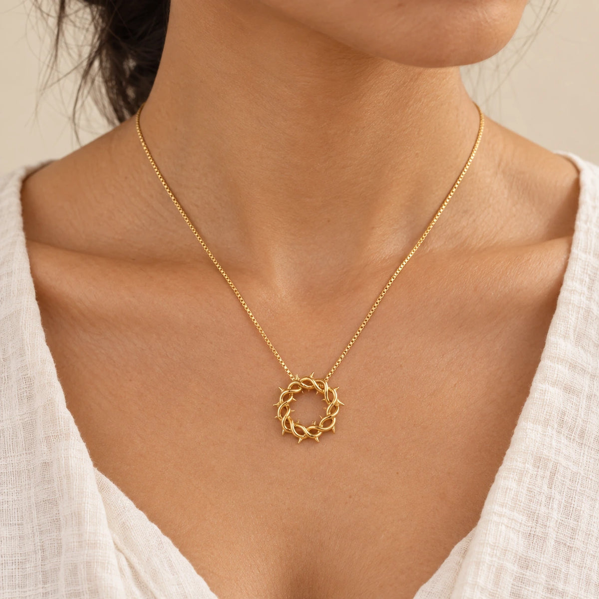 Crown of Thorns Necklace worn, gold-plated stainless steel