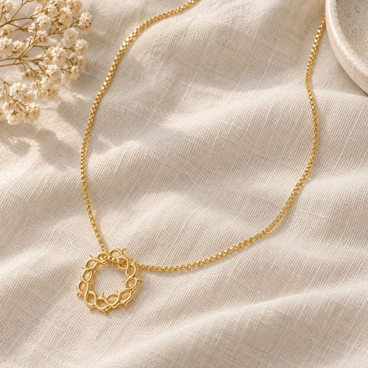Crown of Thorns Necklace laid flat on linen