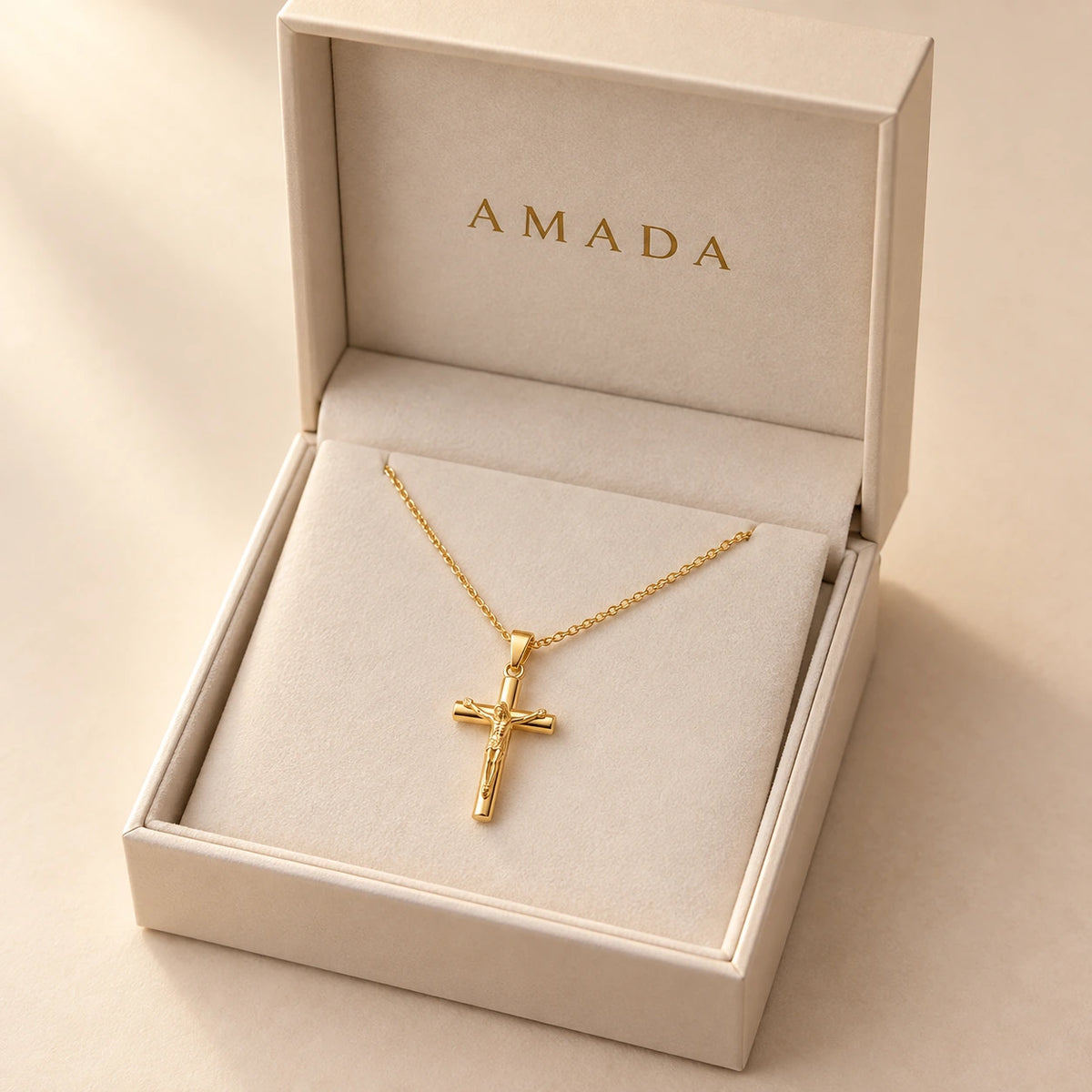 Crucifix Necklace presented in an Amada box