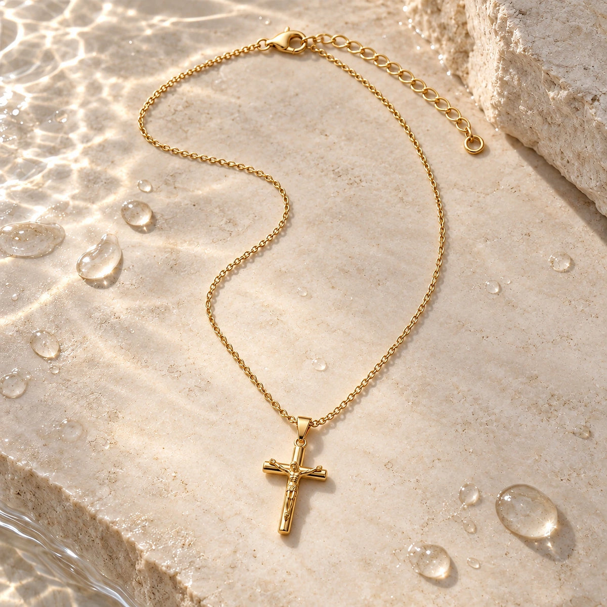 Crucifix Necklace with water droplets on stone