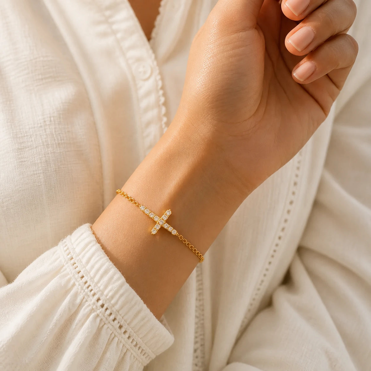 Crystal Cross Bracelet worn and styled