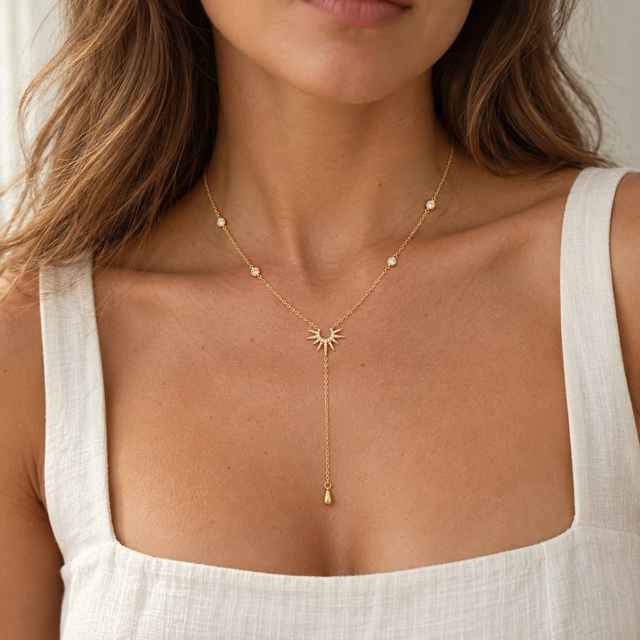 Close detail of Sunburst Lariat Necklace
