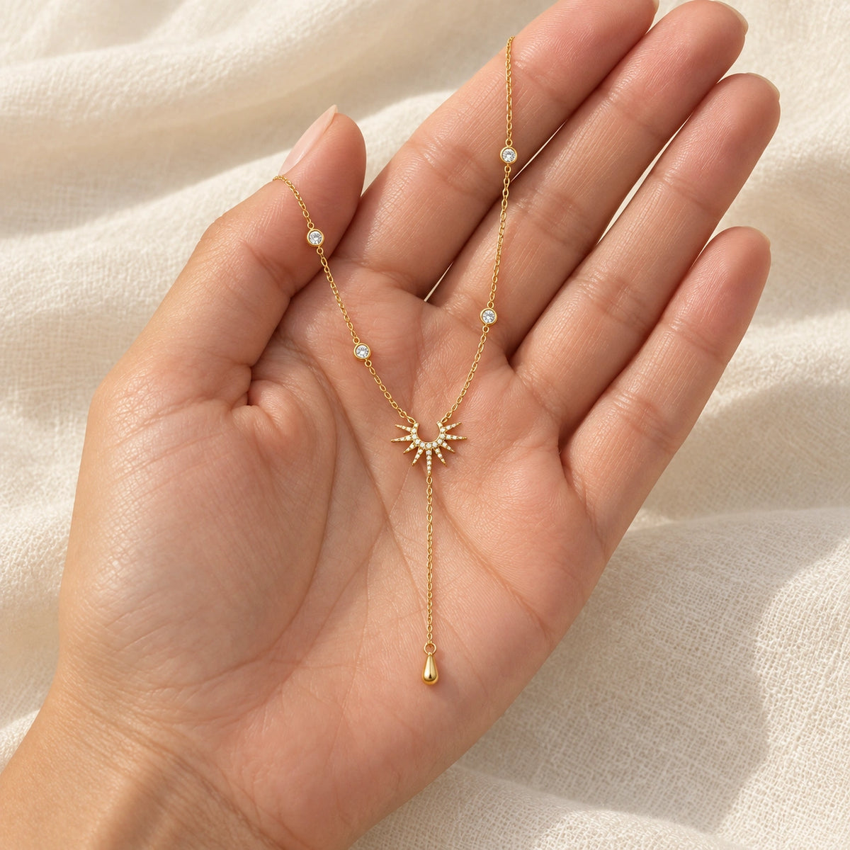 Amada Sunburst Lariat Necklace shown up close for a sense of its real size.