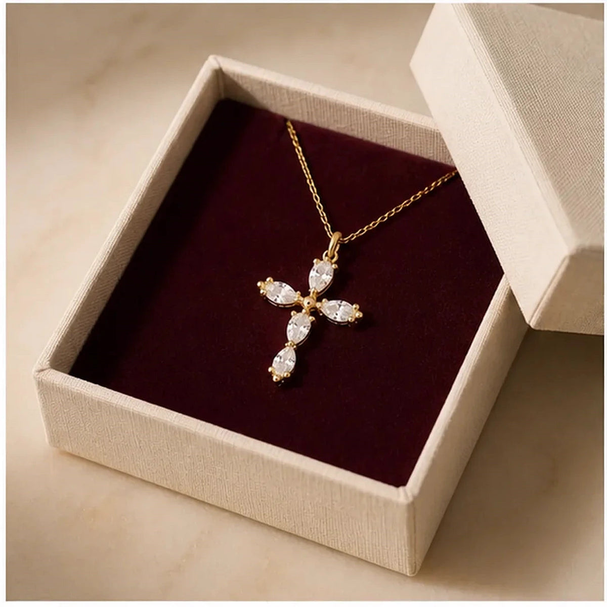 Amada | Dainty Crystal Cross Necklace | gift box presentation | cycle 3