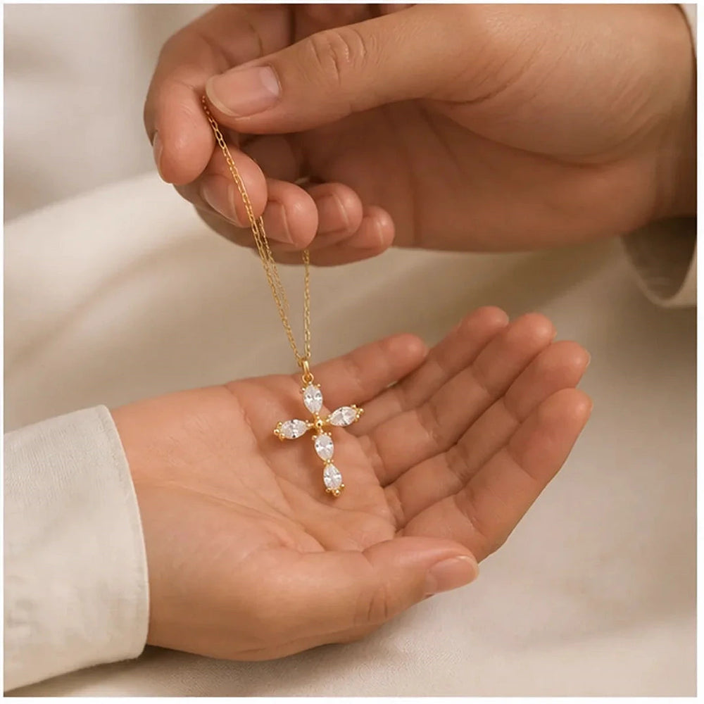 Dainty Crystal Cross Necklace, worn and styled