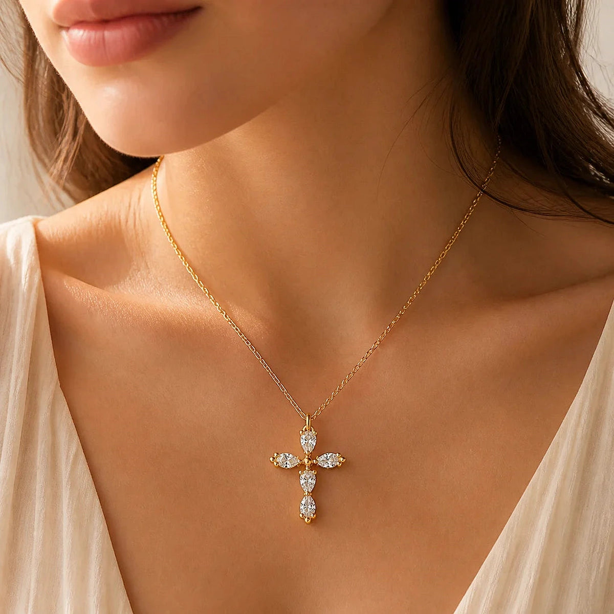 Dainty Crystal Cross Necklace worn and styled