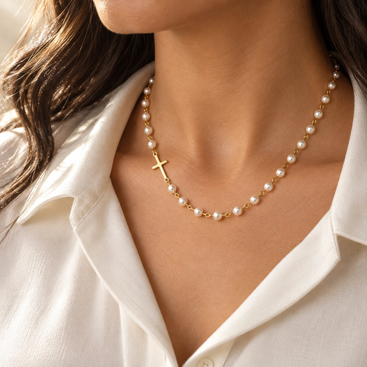 Dainty Faux Pearl Necklace worn, seen from another angle