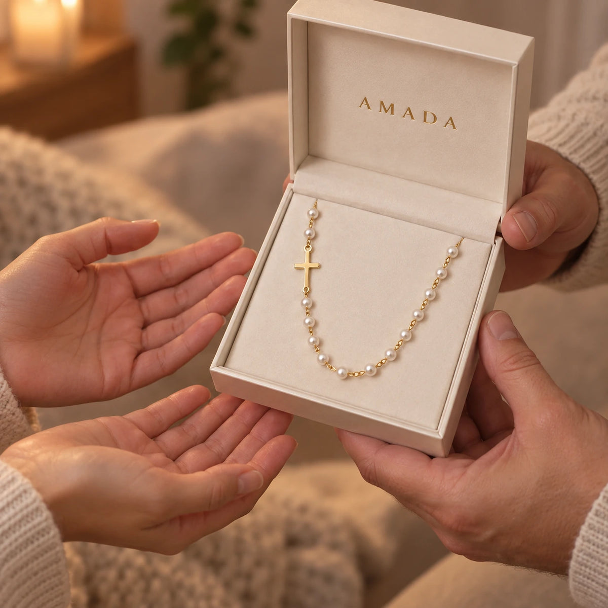 Dainty Faux Pearl Necklace presented in an Amada box