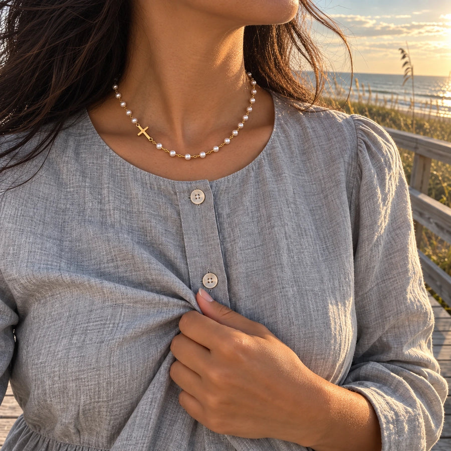 Dainty Faux Pearl Necklace styled with other pieces