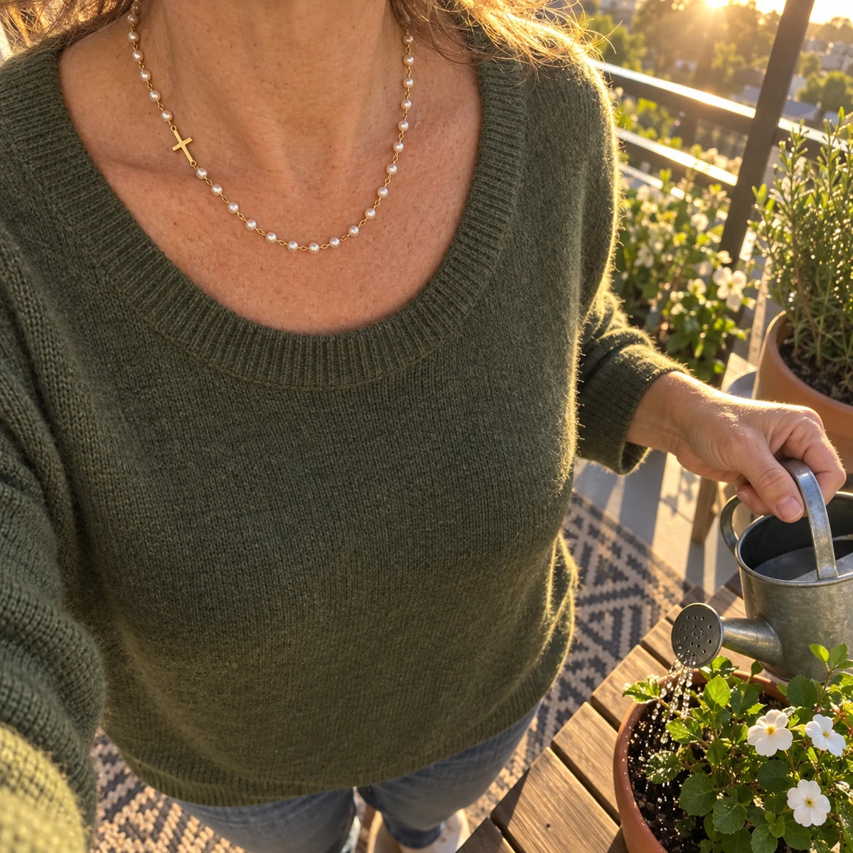 Dainty Faux Pearl Necklace worn, first-person view