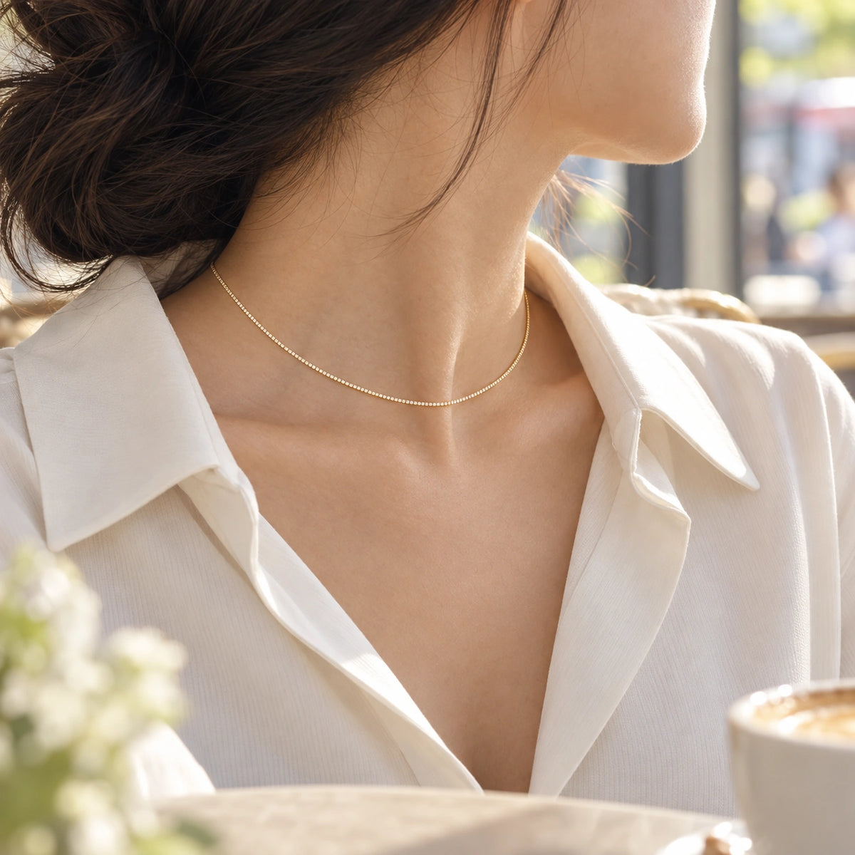 Amada Dainty CZ Tennis Necklace worn by a woman, shown from another angle.