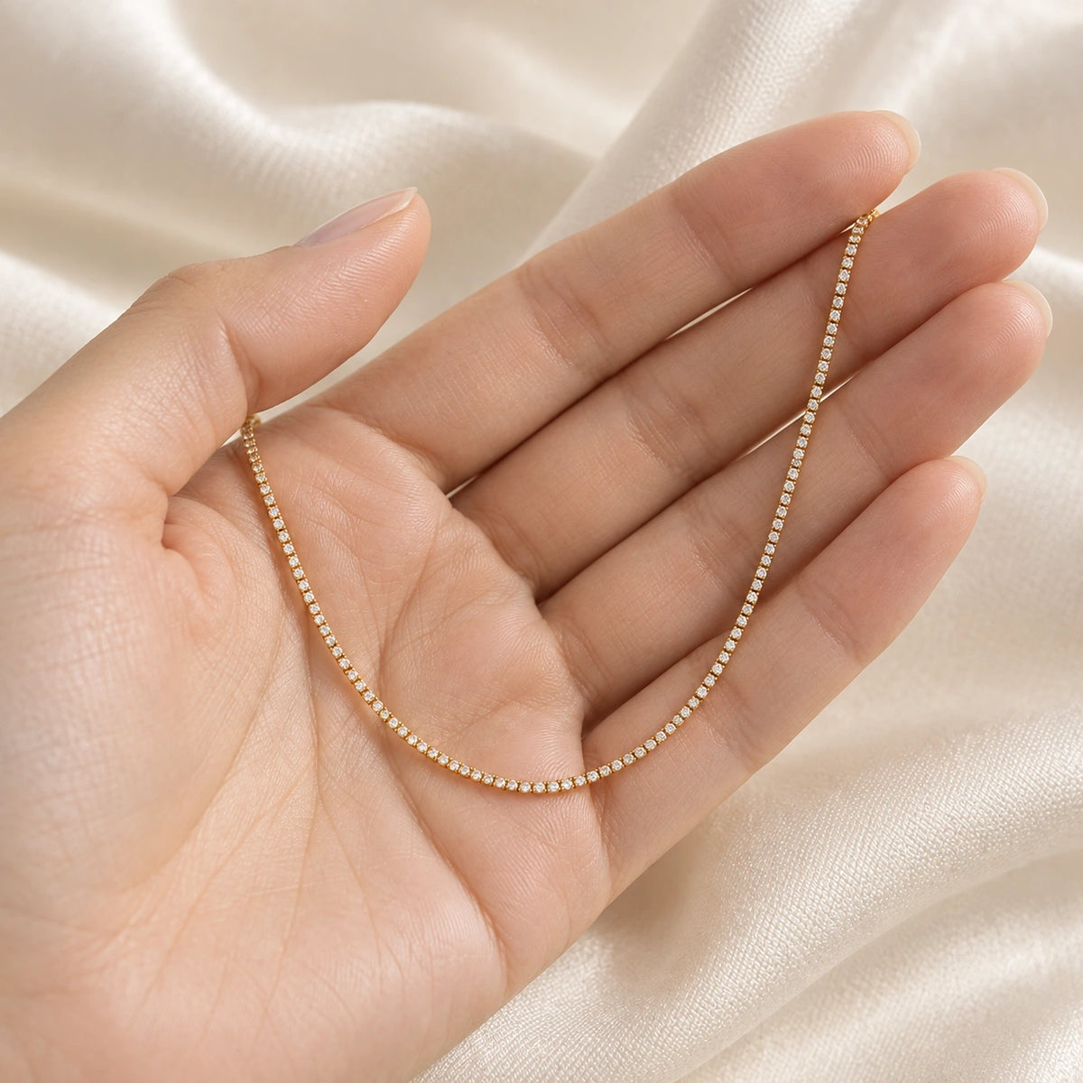 Amada Dainty CZ Tennis Necklace shown up close for a sense of its real size.