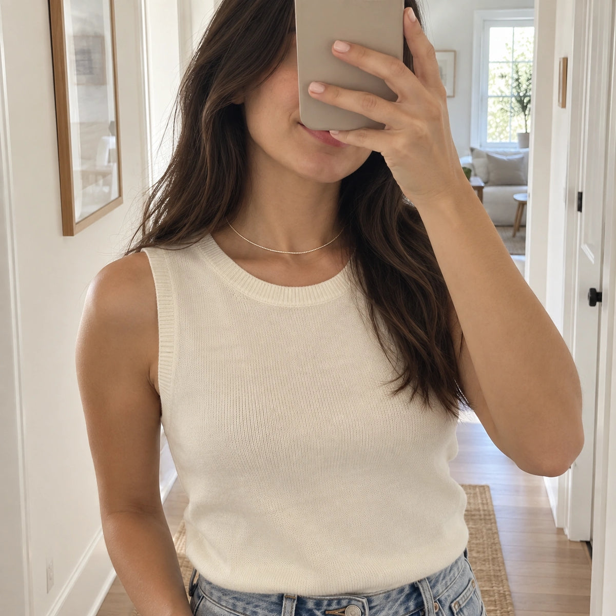 Amada Dainty CZ Tennis Necklace worn in an everyday setting.