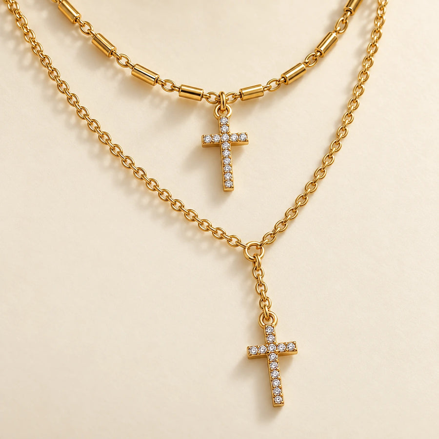 Close detail of Double Layer Cross Necklace