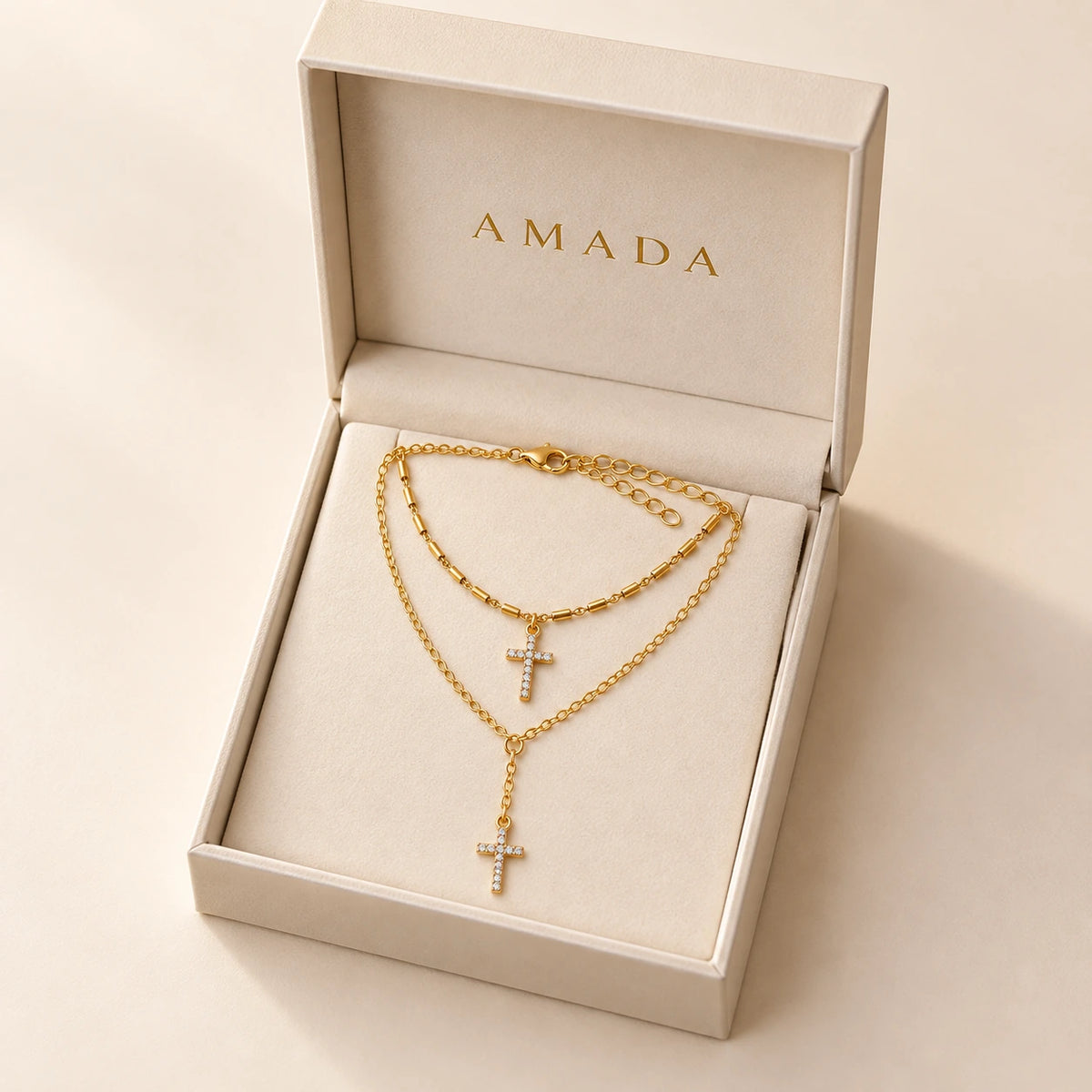 Double Layer Cross Necklace presented in an Amada box