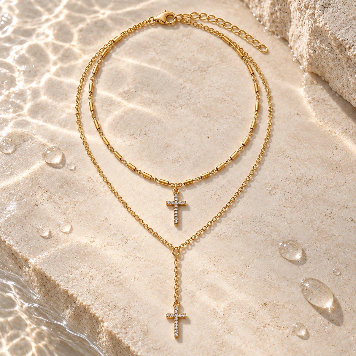 Double Layer Cross Necklace with water droplets on stone