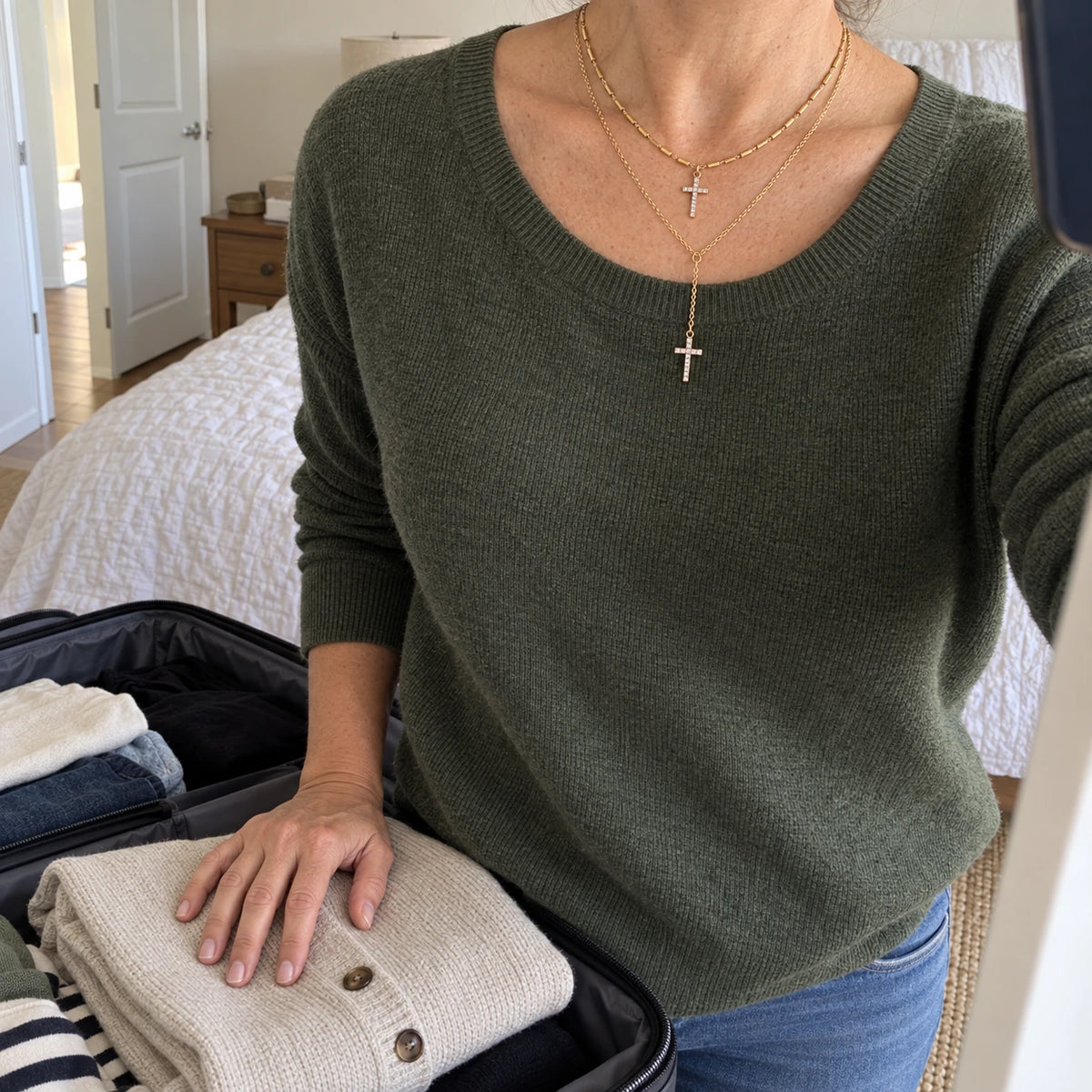 Double Layer Cross Necklace worn in everyday life